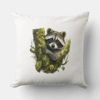 raccoon climbing up a tree in a forest. throw pillow