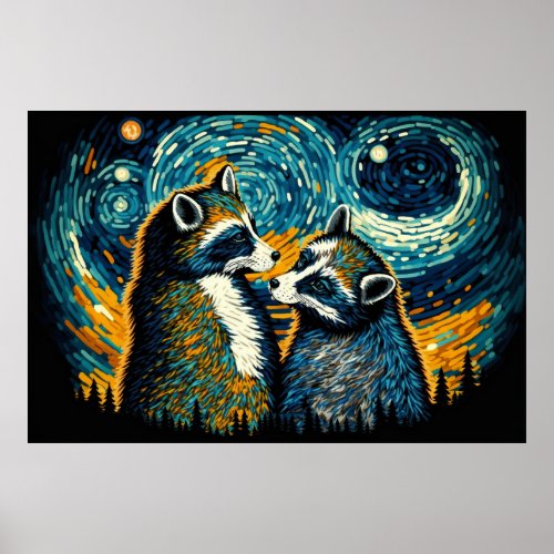 Raccoon Couple Watching Sunset in Van Gogh Style Poster