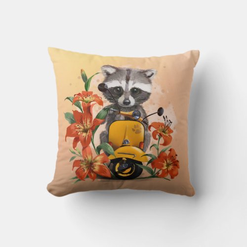 Raccoon cub rides a moped and lily flowers throw pillow