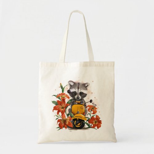 Raccoon cub rides a moped and lily flowers tote bag