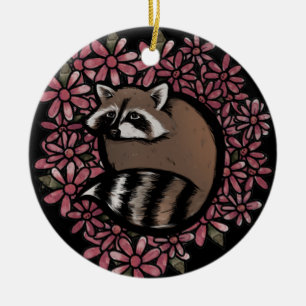 Raccoon Daisy Flower Art Raccoons Daisies Floral Ceramic Ornament