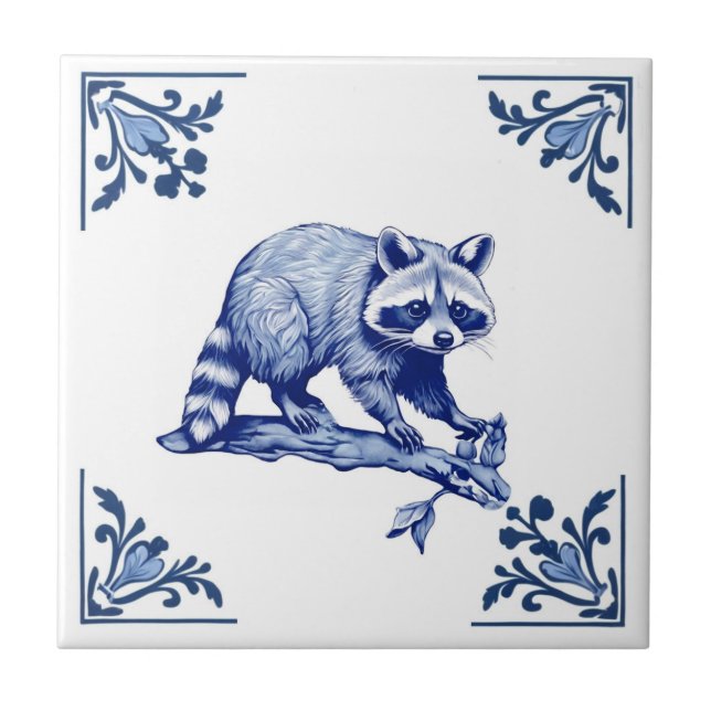Raccoon Delft Blue and White Corners Woodland Ceramic Tile (Front)