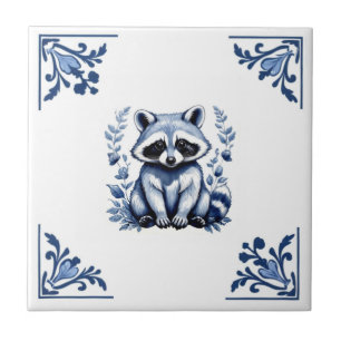 Raccoon Delft Blue White Corners Woodland Animals Ceramic Tile