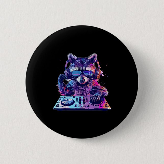 Raccoon Dj Edm Techno House Music Funny Animal Lov Button (Front)