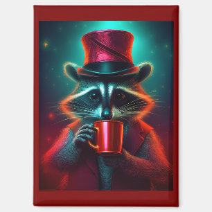 Raccoon Dressed In A Red Outfit Drinking Coffee Magnet