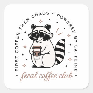 Raccoon drinking coffee club funny square sticker