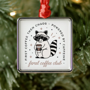Raccoon drinking coffee funny kitsch aesthetic metal ornament