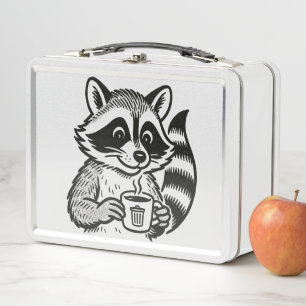 Raccoon Drinking Coffee Funny Trash Panda Metal Lunch Box