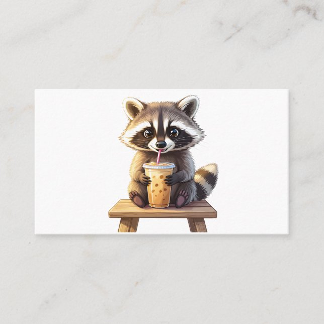 Raccoon Drinking Iced Coffee Business Card (Front)