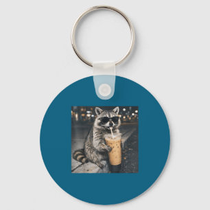 Raccoon drinking iced coffee funny animal meme men keychain