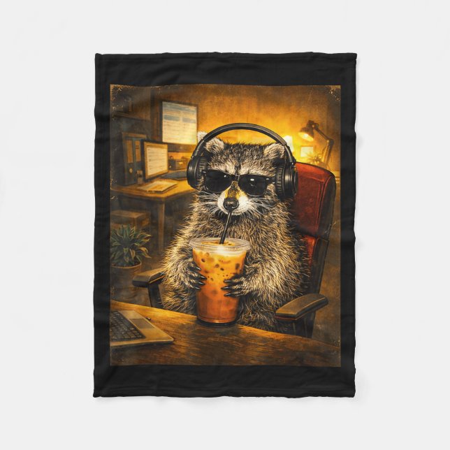 Raccoon drinking iced coffee funny caffeine lover fleece blanket (Front)