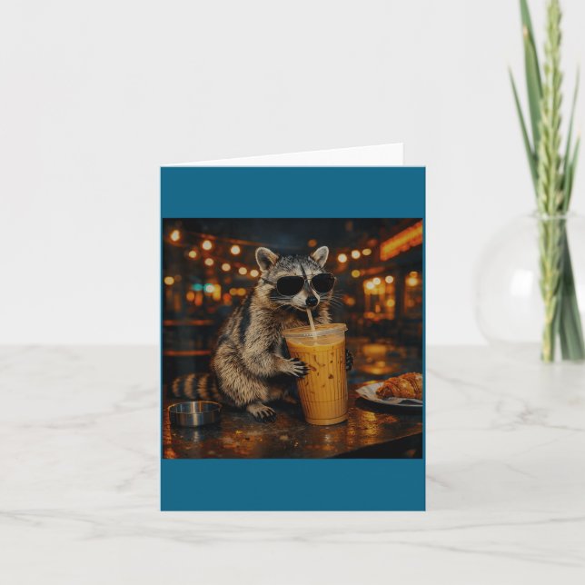 Raccoon Drinking Iced Coffee Funny Illustration Card (Front)