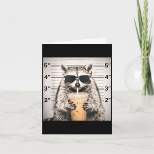 Raccoon drinking iced coffee funny mugshot animal card