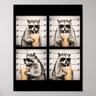 Raccoon drinking iced coffee funny mugshot animal poster