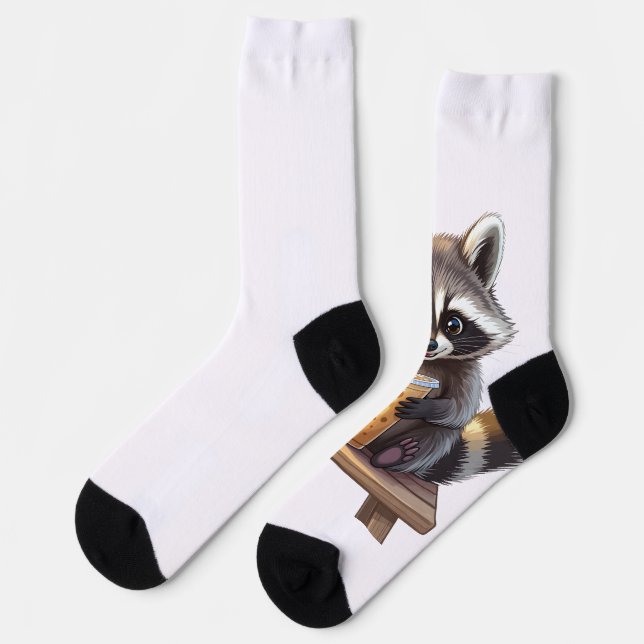 Raccoon Drinking Iced Coffee Socks (Left)