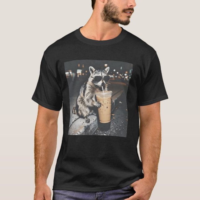 Raccoon-Drinking-Iced-Coffee T-Shirt (Front)