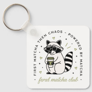 Raccoon drinking matcha club funny kawaii animal keychain