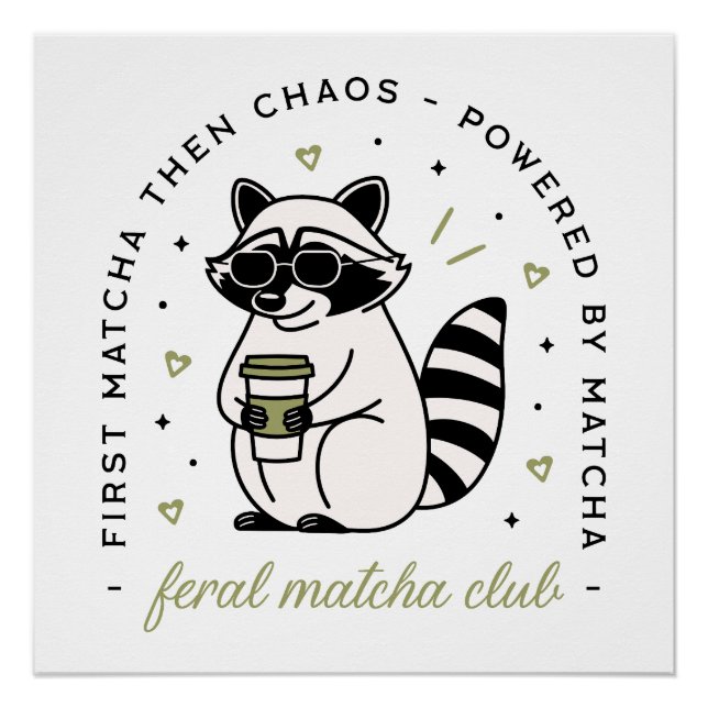 Raccoon drinking matcha club funny kawaii animal poster (Front)