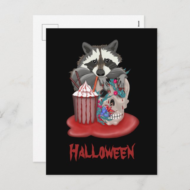 Raccoon drinks cocktail with skull holiday postcard (Front/Back)