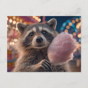 Raccoon eating cotton candy at amusement park postcard