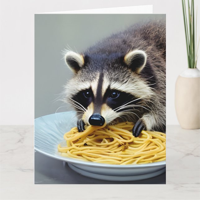 Raccoon Eating Spaghetti Folded Greeting Card (Front)