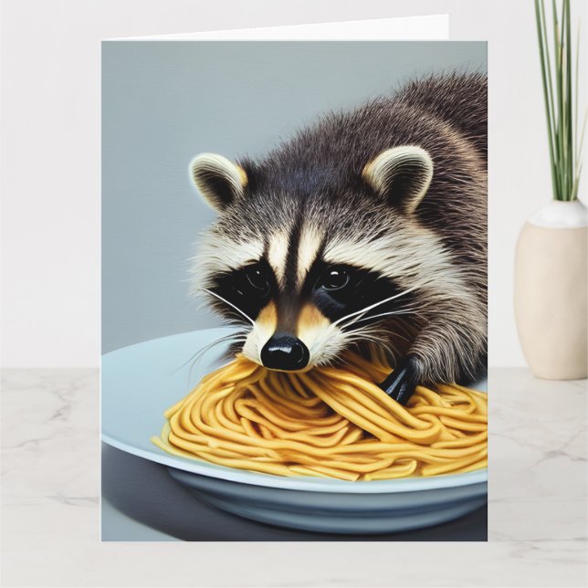 Raccoon Eating Spaghetti Greeting Card (Front)
