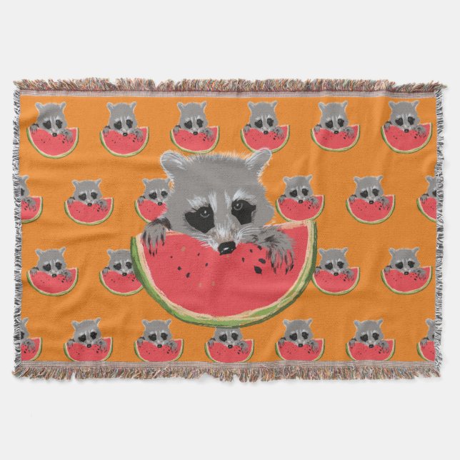 Raccoon eating  watermelon throw blanket (Front)