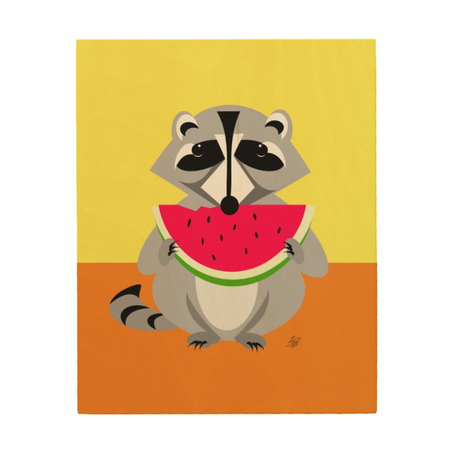 Raccoon Eating Watermelon Wood Wall Art (Front)