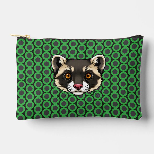 Raccoon Face with Orange Eyes on Green Polka Dots Accessory Pouch (Front)