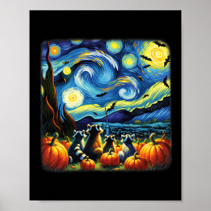Raccoon Fall Halloween Van Gogh Starry Night Pumpk Poster