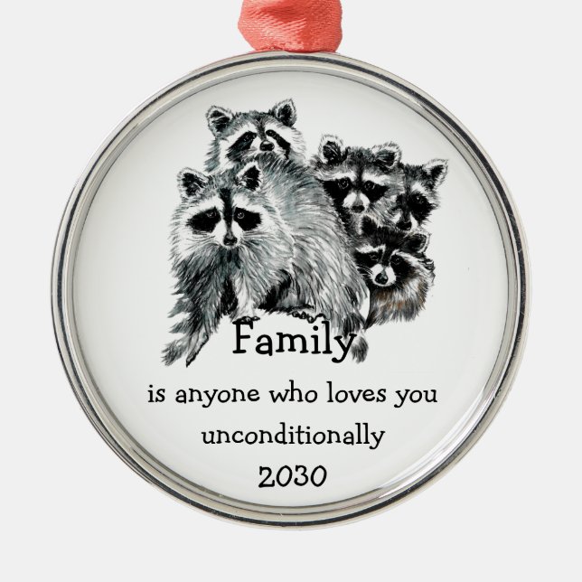 Raccoon Family Friends Love Quote Christmas Metal Ornament (Front)