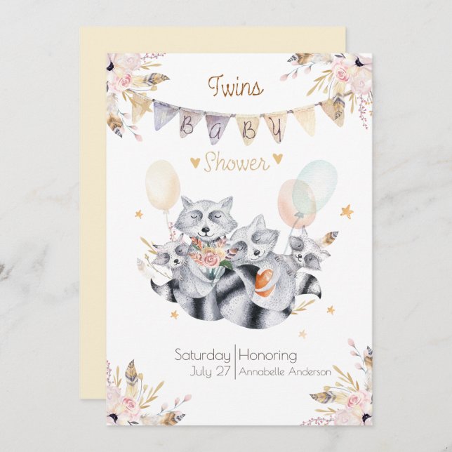 Raccoon Family Twins Boho Baby Shower Invitation (Front/Back)