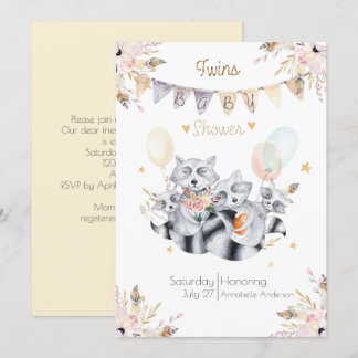 Raccoon Family Twins Boho Baby Shower Invitation