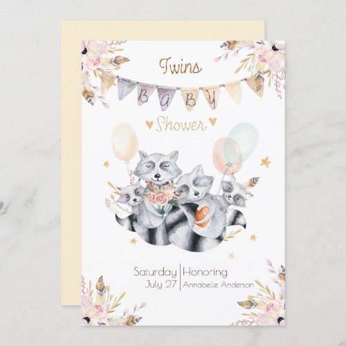 Raccoon Family Twins Boho Baby Shower Invitation