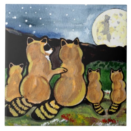 Raccoon Family Watching Moon Blue 6 Tile Trivet