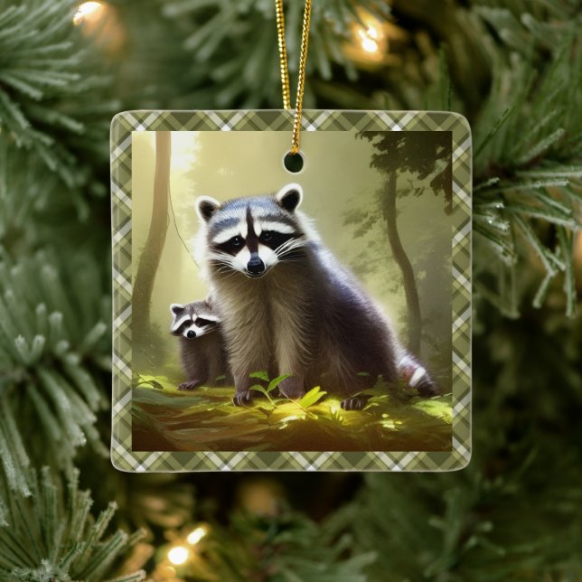 Raccoon Family Wildlife Portrait Personalized   Ceramic Ornament (Tree)