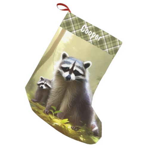 Raccoon Family Wildlife Portrait Personalized  Small Christmas Stocking