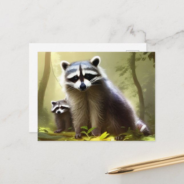 Raccoon Family Wildlife Portrait   Postcard (Front/Back In Situ)