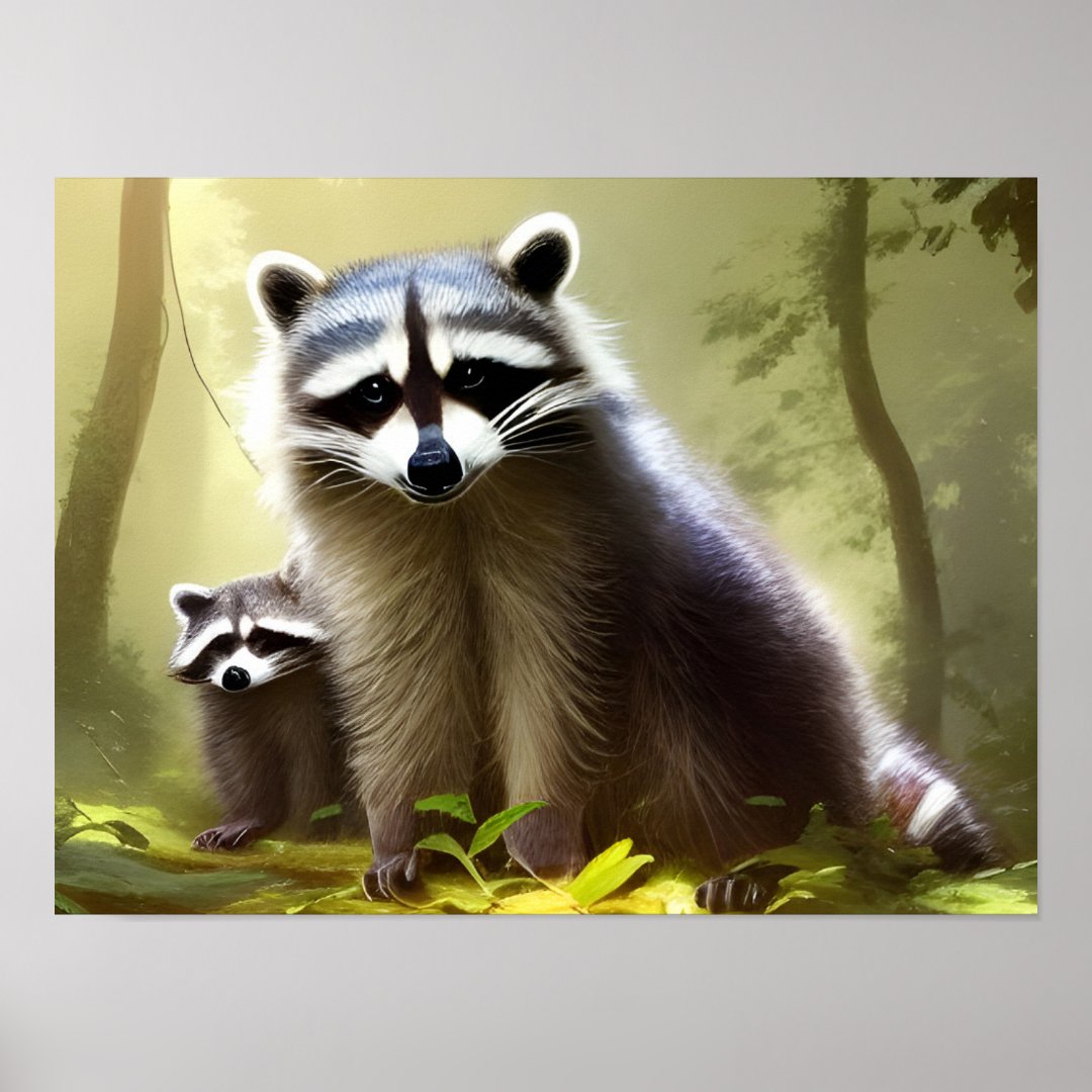 Raccoon Family Wildlife Portrait Poster | Zazzle