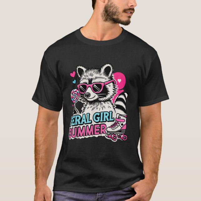 Raccoon Feral Girl Summer Cute Retro Racoon Sungla T-Shirt (Front)