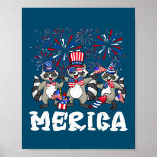Raccoon Fireworks Sunglasses Hat Merica Funny 4th Poster