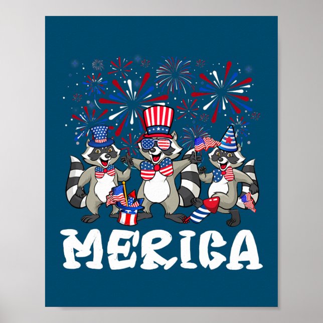 Raccoon Fireworks Sunglasses Hat Merica Funny 4th Poster (Front)