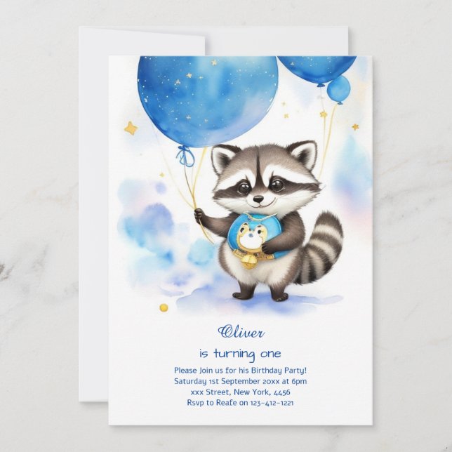 Raccoon First Birthday Invitation (Front)