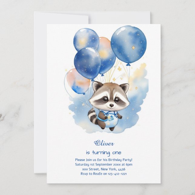 Raccoon First Birthday Invitation (Front)