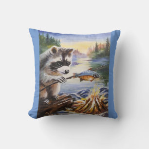 Raccoon Fish Dinner Throw Pillow