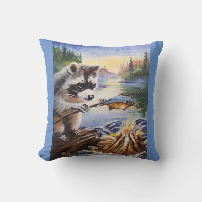 Raccoon Fish Dinner Throw Pillow (Front)
