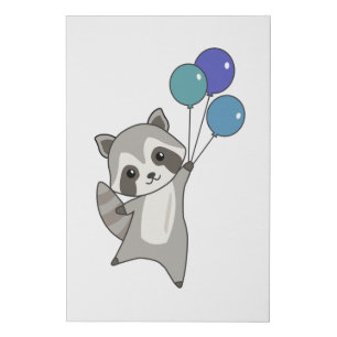 Raccoon Flies Balloons Above Cute Animals For Kids Faux Canvas Print