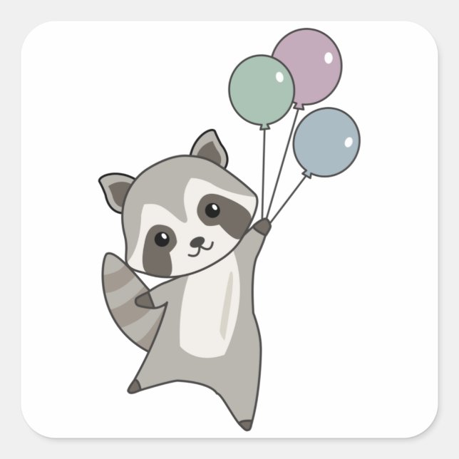 Raccoon Flies Balloons Above Cute Animals For Kids Square Sticker (Front)