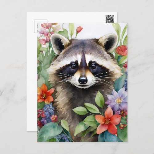 Raccoon Floral Watercolor Art Postcard