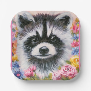 Raccoon & flowers paper plate